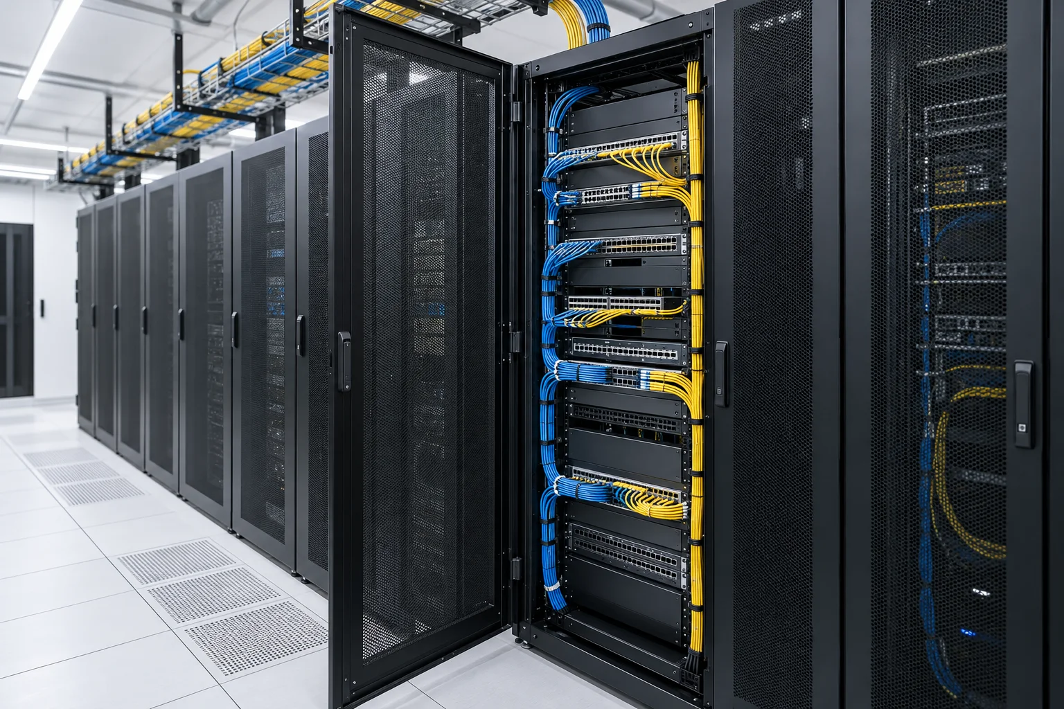 Equipment cabinets with organised network patching