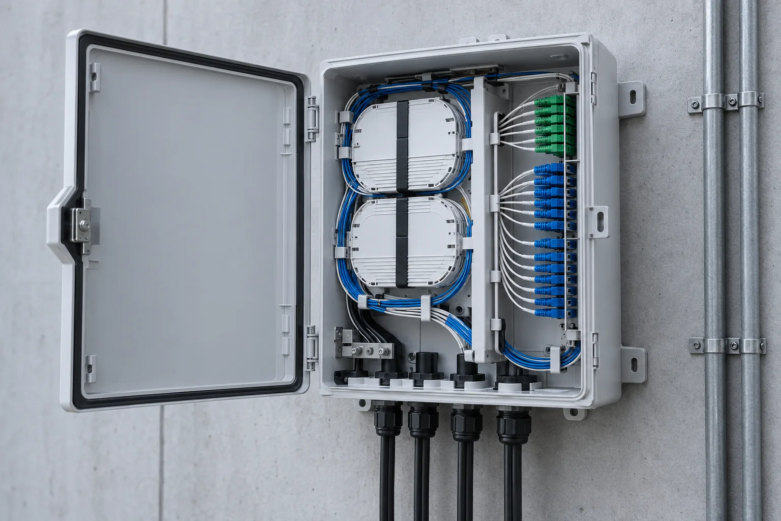 Open distribution enclosure with adapter field and splice trays