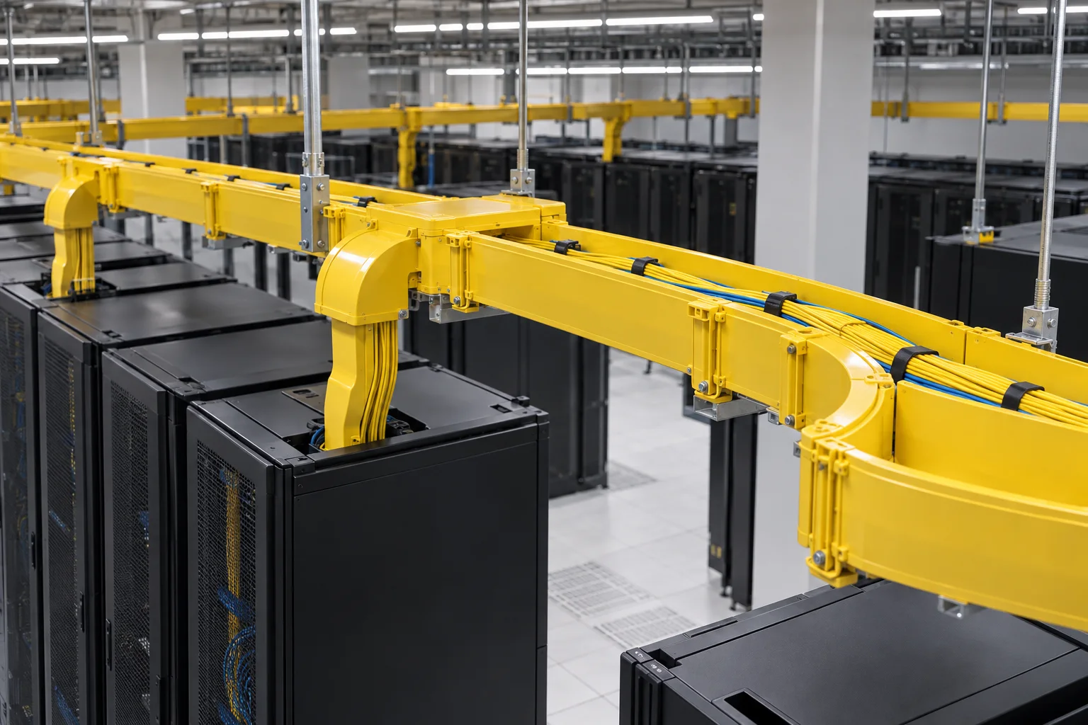 Dedicated overhead fibre raceway with controlled drop sections