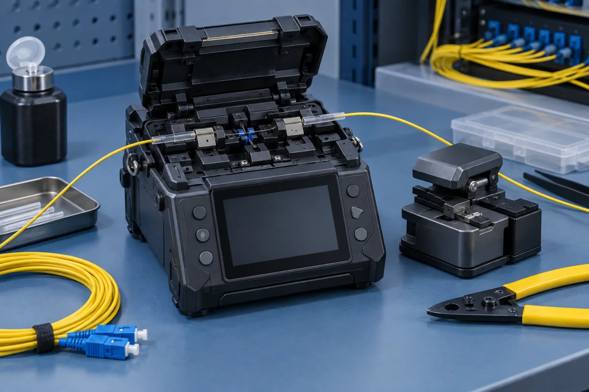 Fusion splicing equipment with fibre preparation accessories